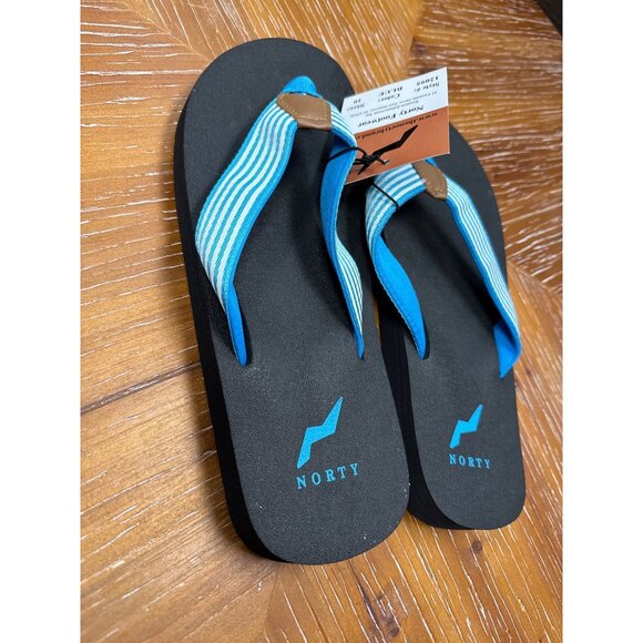 Norty Unisex Blue & Black Flip Flops With Striped Straps Size 10 Lightweight Sum - Picture 4 of 7